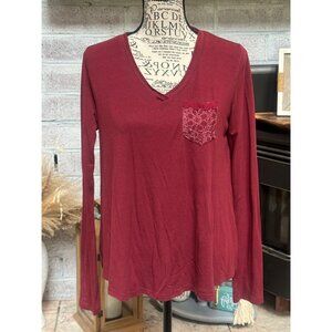 Rue 21 Burgundy Long‎ Sleeve Womens Top size Small with front lace pocket